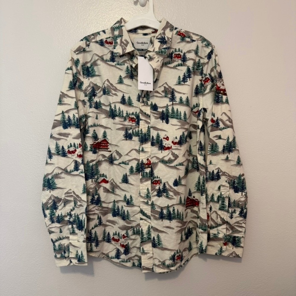 Goodfellow & Co Mens Holiday Oxford Shirt Winter Mountain Cabin Print White NWT